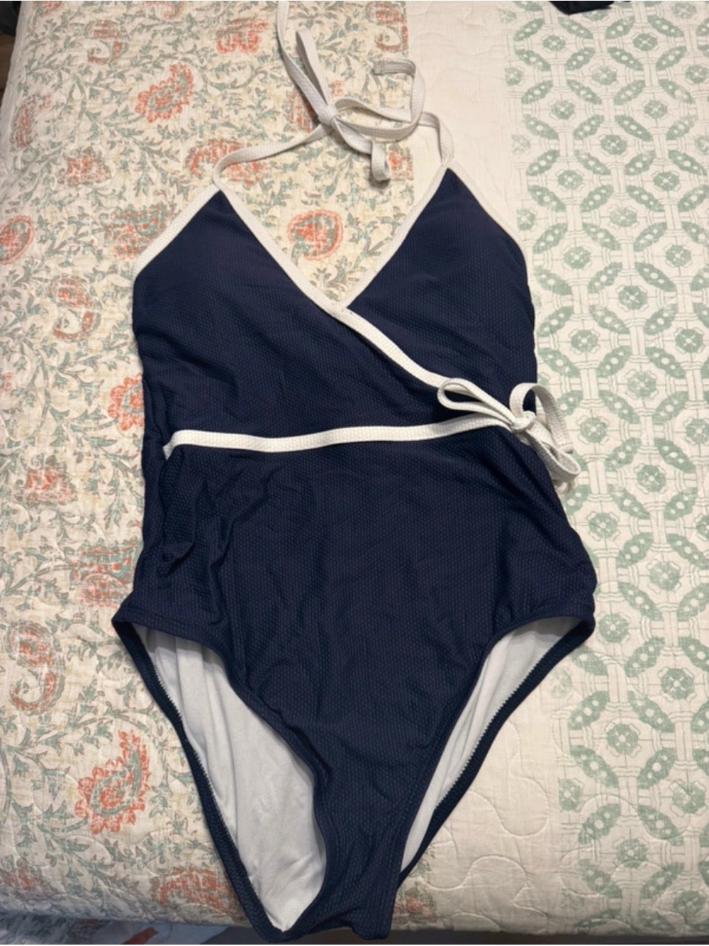 Navy Blue Girls' One-Piece Swimsuit with White Trim